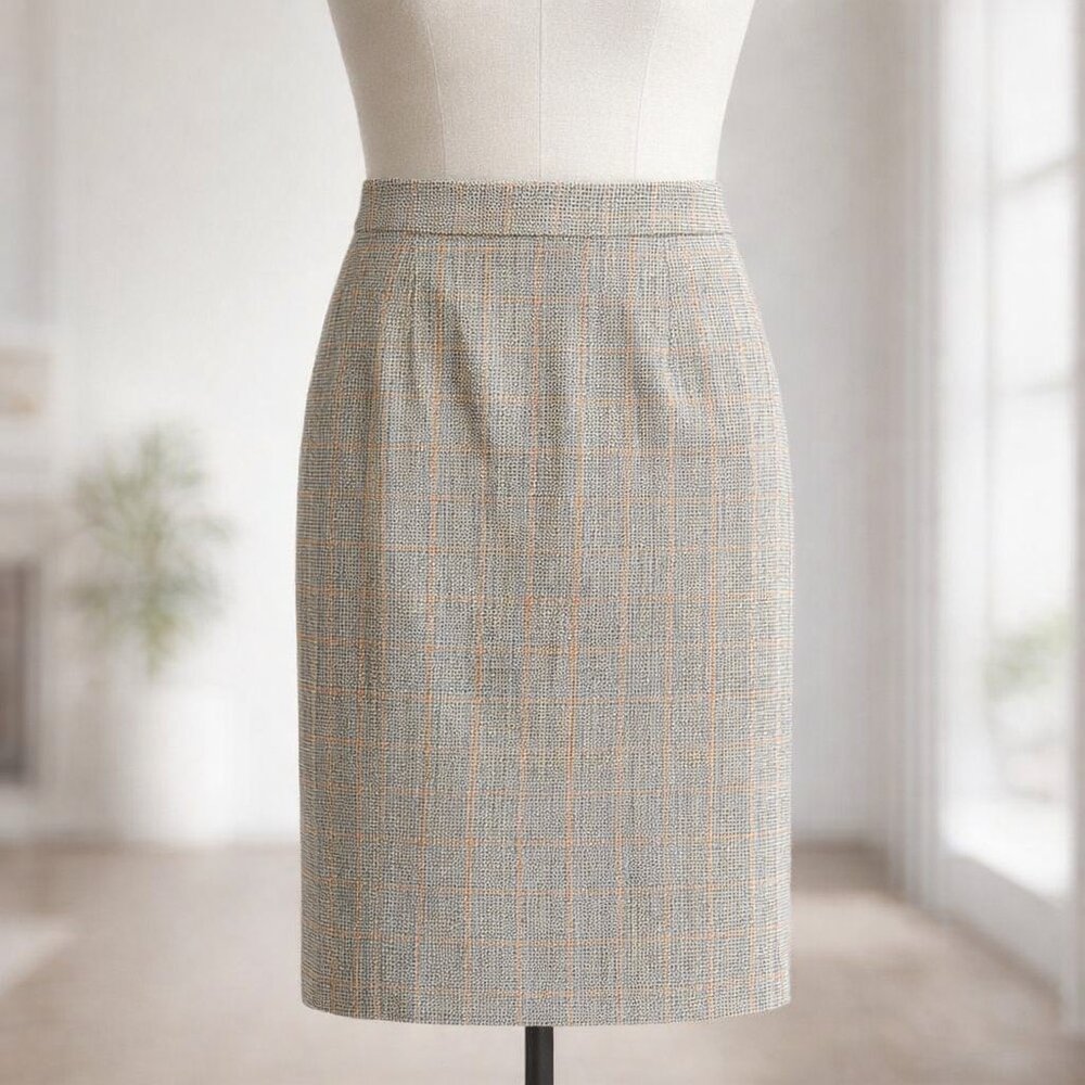 Antonio Melani Plaid Wool Pencil Skirt • Gray Black Rust Houndstooth • Old Money